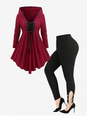 Plus Size Grommets Lace Up Ruffles Handkerchief Hooded T-shirt and Heart Buckle Chains Pockets Textured Leggings Outfit