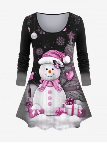 Plus Size Christmas Tree Ball Snowman Snowflake Print T-shirt - LIGHT PINK - L