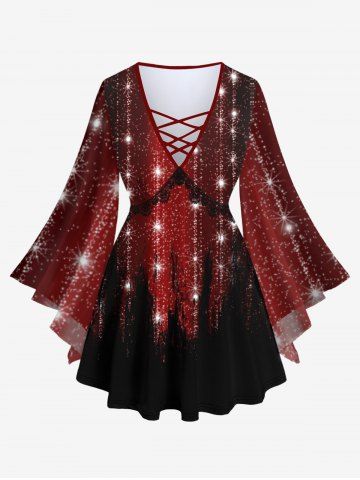 Plus Size Christmas Glitter Sparkling Colorblock Lace Print Lattice Flare Sleeves Party T-shirt - DEEP RED - XS