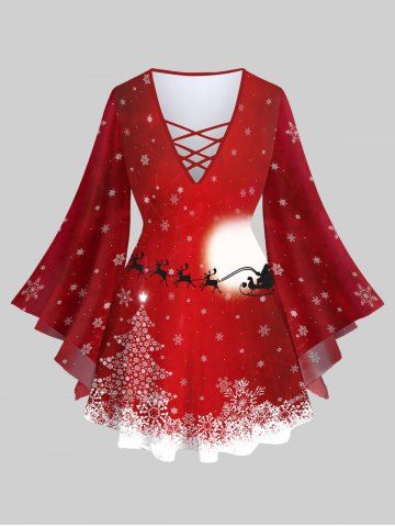 Plus Size Christmas Tree Santa Claus Elk Snowflake Moon Printed Flare Sleeve Lattice T-shirt - DEEP RED - S