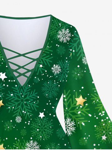 Plus Size Christmas Snowflake Glitter 3D Printed Lattice Flare Sleeves T-shirt
