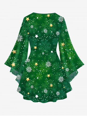 Plus Size Christmas Snowflake Glitter 3D Printed Lattice Flare Sleeves T-shirt