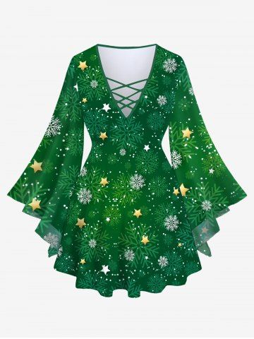 Plus Size Christmas Snowflake Glitter 3D Printed Lattice Flare Sleeves T-shirt