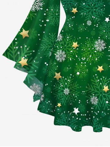 Plus Size Christmas Snowflake Glitter 3D Printed Lattice Flare Sleeves T-shirt