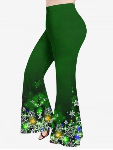 Plus Size Christmas Snowflake Glitter 3D Print Flare Pants - DEEP GREEN - 5X