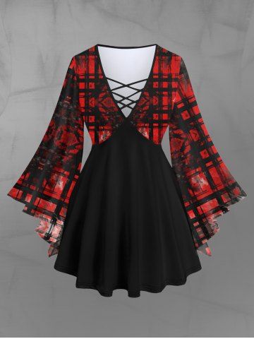 Gothic Grunge Ruined Plaid Print Flare Sleeves Lattice Long Sleeves T-shirt - RED - XS