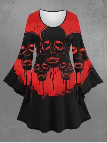 Robe D'Halloween Gothique Ligne A 3D Crâne avec Sang Imprimé à Manches Evasées - BLACK - 5X