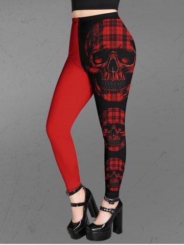 Gothic 3D Skulls Plaid Print Halloween Two Tone Colorblock Skinny Leggings - RED - XS