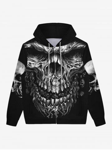 Gothic 3D Skull Print Halloween Full Zipper Drawstring Pocket Hoodie For Men - BLACK - 7XL