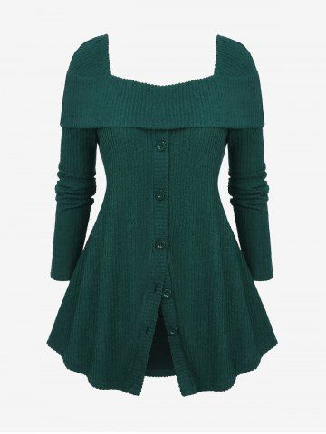 Plus Size Christmas Buttons Turn-Down Collar Textured Square Neck Sweater - DEEP GREEN - 2X | US 18-20