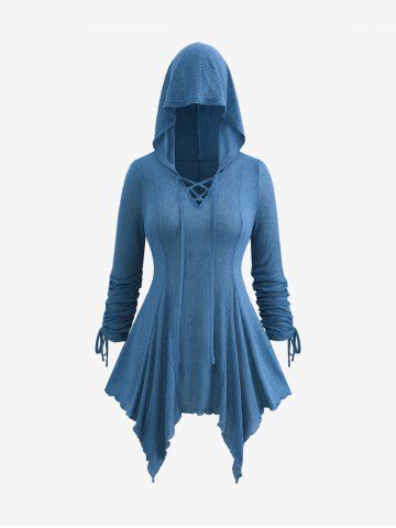 Plus Size Handkerchief Lace Up Cinched Sleeves Hooded Sweater - BLUE - M | US 10