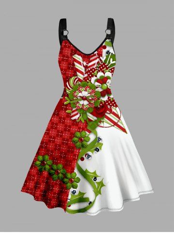 Plus Size Christmas Plaid Flower Colorblock Print V Neck Dress - RED - 1X | US 16