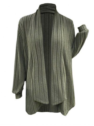 Solid Color Ribbed Textured Draped Open Front Top - LIGHT GREEN - L | US 8-10