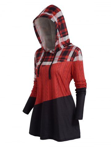 Plaid 3D Panel Print Casual Drawstring Hoodie - DEEP RED - 3XL | US 14