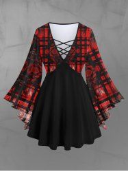 Gothic Grunge Ruined Plaid Print Flare Sleeves Lattice Long Sleeves T-shirt -  