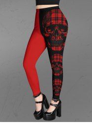 Gothic 3D Skulls Plaid Print Halloween Two Tone Colorblock Skinny Leggings -  