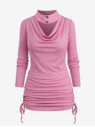 Plus Size Cowl Neck Detachable Collar Cinched Ruched Ribbed Solid Long Sleeves T-shirt -  