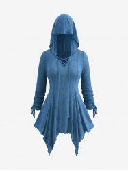 Plus Size Handkerchief Lace Up Cinched Sleeves Hooded Sweater -  