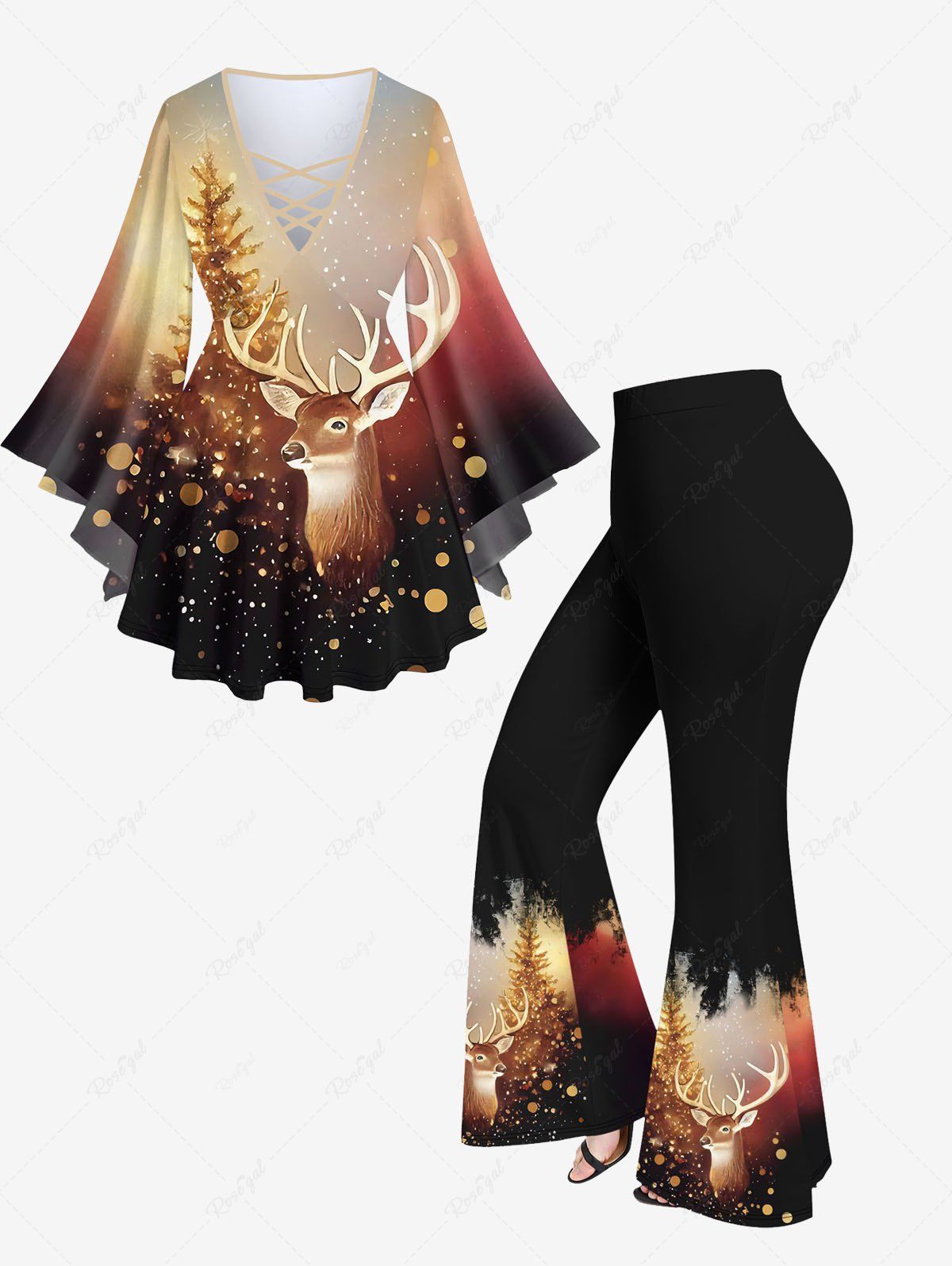 Fancy Glitter Sparkling Christmas Tree Elk Sequins Ombre Galaxy Printed Crisscross T-shirt and Flare Pants Plus Size Matching Set  