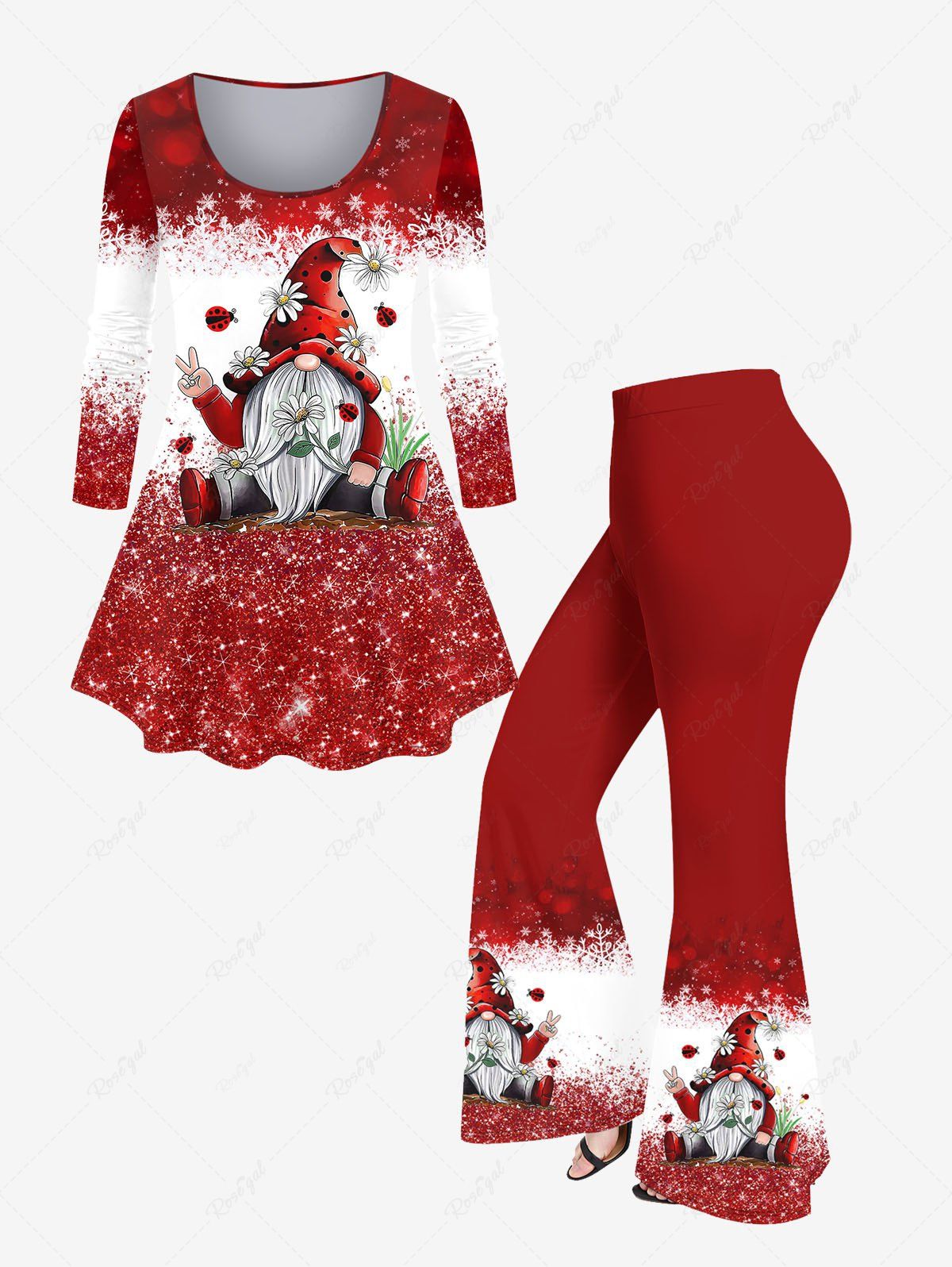 T-shirt Évasée Imprimé Père Noël Rennes et Flocon de Neige 3D Grande Taille Rouge 