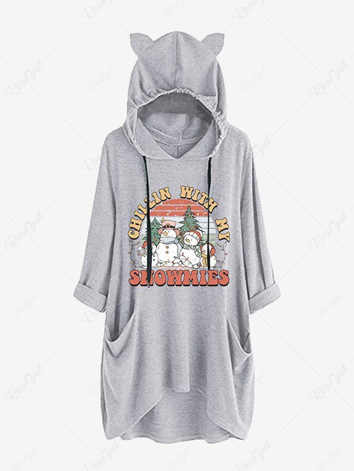 Discount Plus Size Christmas Tree Snowman Letters Print Pockets Drawstring Hoodie  