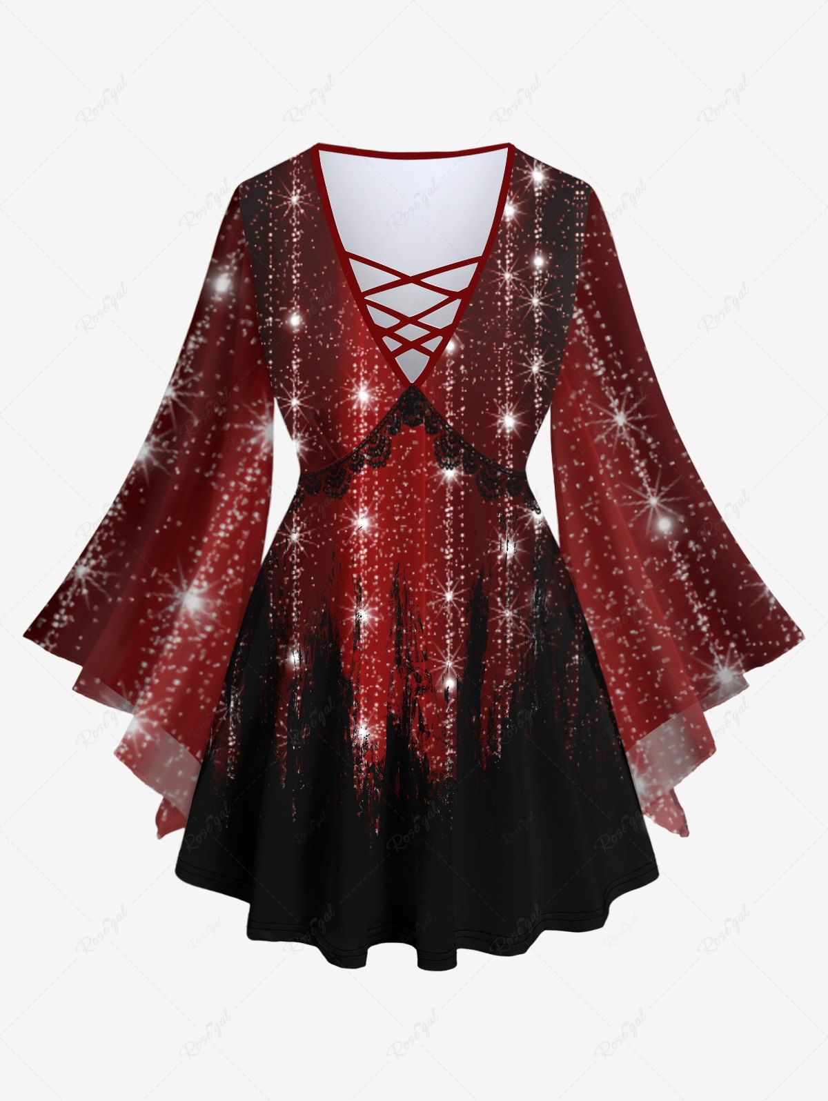 Fashion Plus Size Christmas Glitter Sparkling Colorblock Lace Print Lattice Flare Sleeves Party T-shirt  