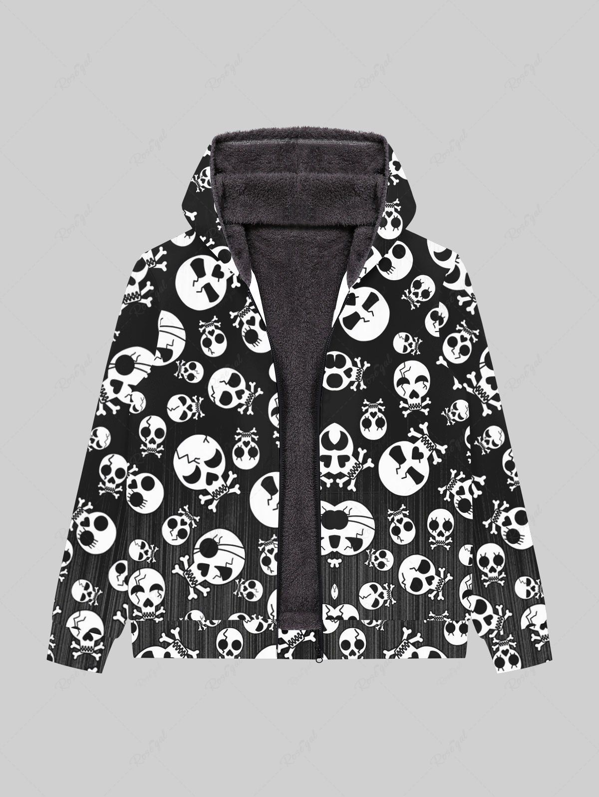 Trendy Gothic Skulls Print Halloween Full Zipper Pockets Fleece Lining Hoodie For Men  