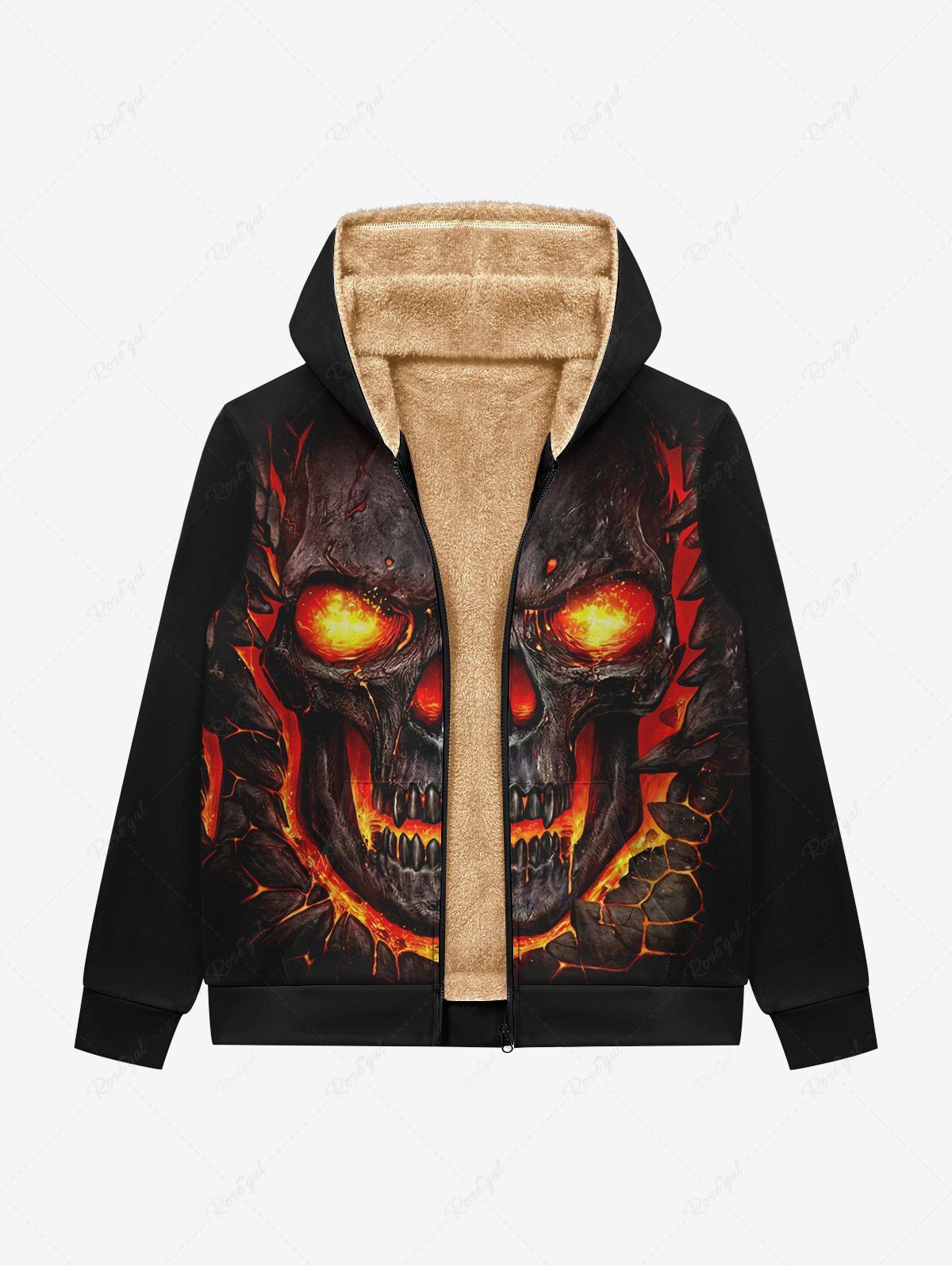 Latest Gothic 3D Fire Flame Skull Print Halloween Full Zipper Pockets Fleece Lining Hoodie For Men  