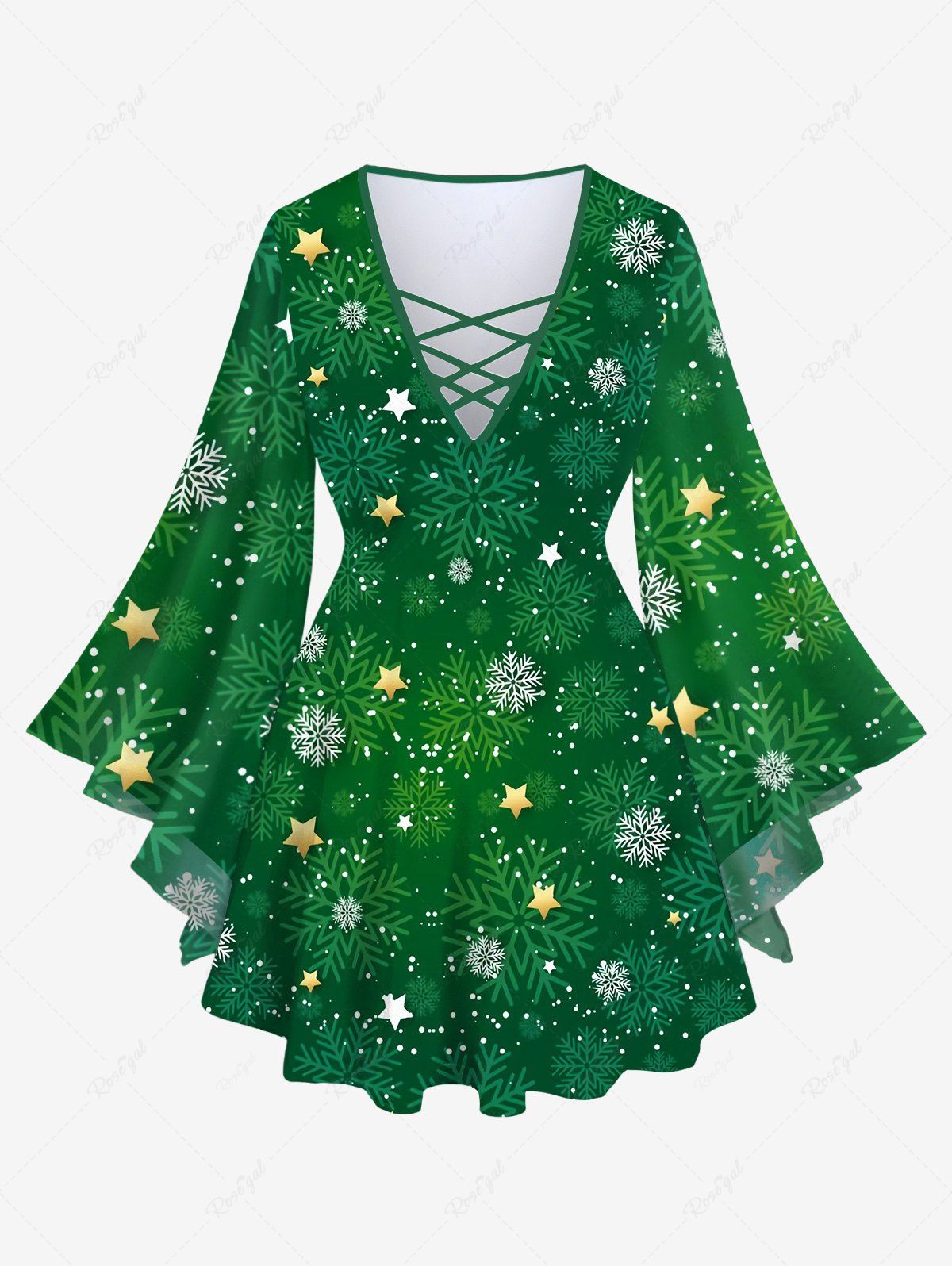 Outfits Plus Size Christmas Snowflake Glitter 3D Printed Lattice Flare Sleeves T-shirt  