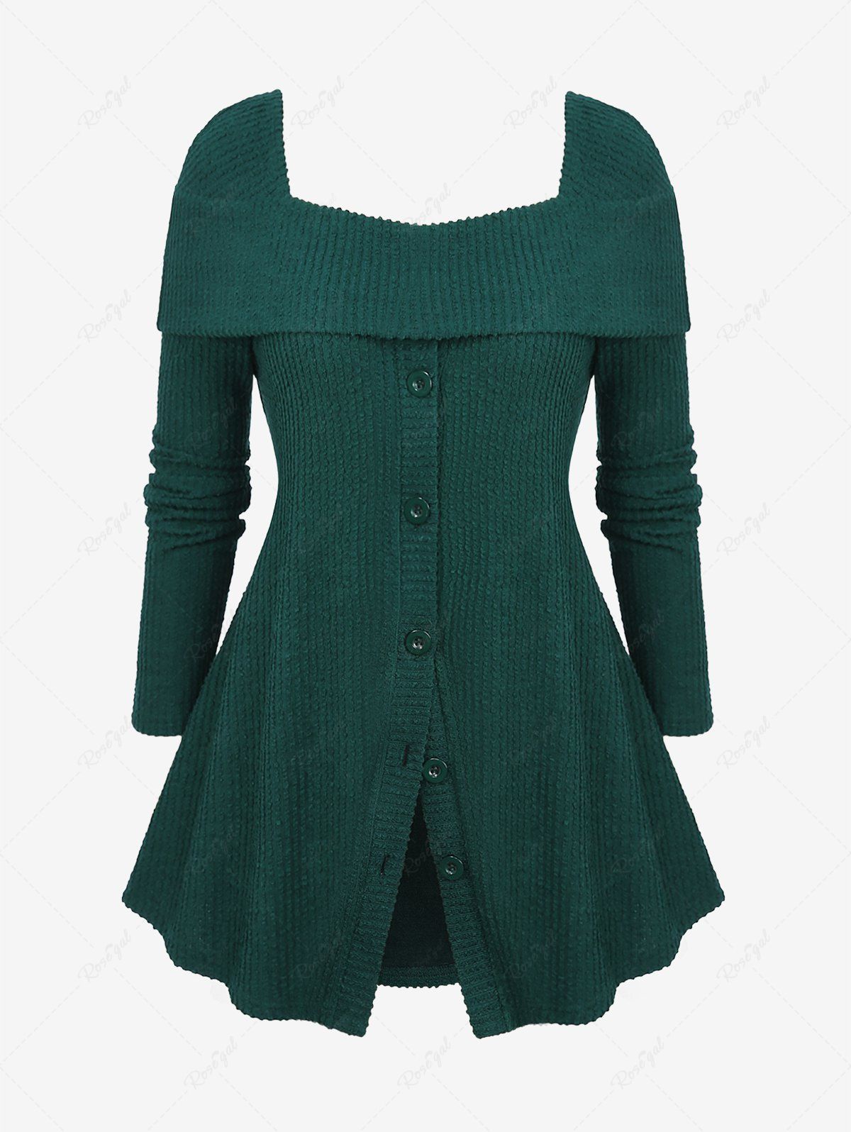 Sale Plus Size Christmas Buttons Turn-Down Collar Textured Square Neck Sweater  