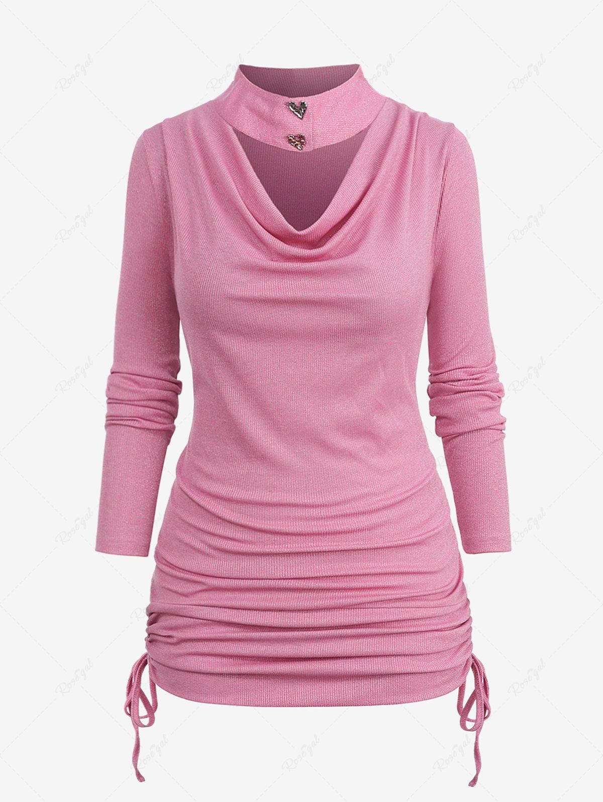 Store Plus Size Cowl Neck Detachable Collar Cinched Ruched Ribbed Solid Long Sleeves T-shirt  