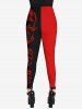 Gothic 3D Skulls Plaid Print Halloween Two Tone Colorblock Skinny Leggings -  