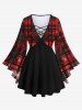 Gothic Grunge Ruined Plaid Print Flare Sleeves Lattice Long Sleeves T-shirt -  