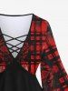 Gothic Grunge Ruined Plaid Print Flare Sleeves Lattice Long Sleeves T-shirt -  