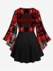 Gothic Grunge Ruined Plaid Print Flare Sleeves Lattice Long Sleeves T-shirt -  