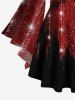 Plus Size Christmas Glitter Sparkling Colorblock Lace Print Lattice Flare Sleeves Party T-shirt -  