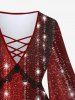 Plus Size Christmas Glitter Sparkling Colorblock Lace Print Lattice Flare Sleeves Party T-shirt -  