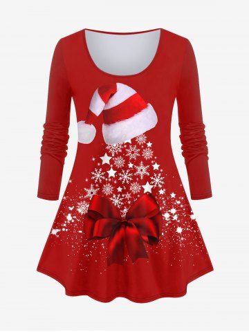Plus Size Christmas Tree Hat Snowflake Star Bowknot Print T-shirt - RED - M