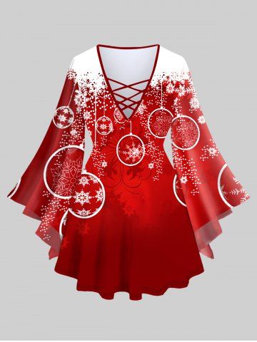 Plus Size Christmas Ball Snowflake Floral Colorblock Print Lattice Flare Sleeve T-shirt - RED - 1X