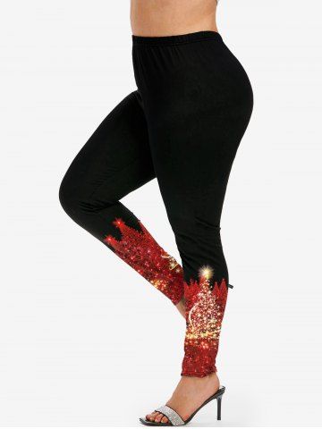Plus Size Christmas Tree Light Star Sparkling Sequin Glitter 3D Print Leggings - DEEP RED - 6X