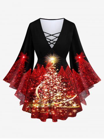 Plus Size Christmas Tree Sparkling Sequin Glitter 3D Printed Lattice Flare Sleeve T-shirt - DEEP RED - 2X