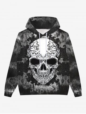 Gothic Halloween Tie Dye Skulls Floral Graphic Distressed 3D Print Pocket Drawstring Hoodie For Men - BLACK - XL