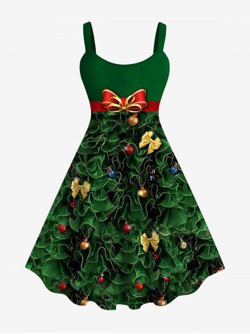 Plus Size Christmas Ball Bowknot Ribbon Glitter 3D Print Tank Dress - DEEP GREEN - L