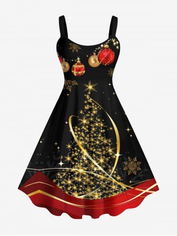 Plus Size Christmas Tree Ball Snowflake Star Colorblock Sequin Glitter 3D Print Tank Dress - BLACK - S