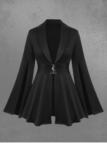 Gothic Lapel Collar Split Flutter Sleeves Ruched PU Panel Zipper Belted Coat - BLACK - S | US 8