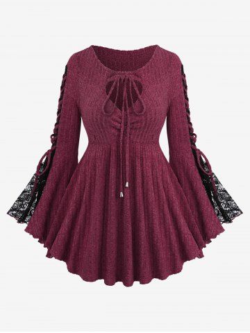 Plus Size Lace-up Tied Cinched Floral Lace Flare Sleeve Keyhole Neck Textured T-shirt - DEEP RED - M | US 10