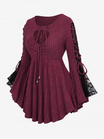 Plus Size Lace-up Tied Cinched Floral Lace Flare Sleeve Keyhole Neck Textured T-shirt