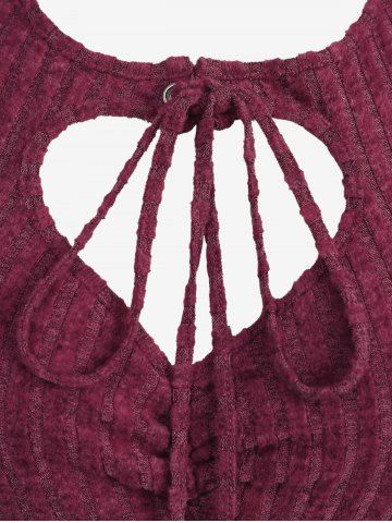 Plus Size Lace-up Tied Cinched Floral Lace Flare Sleeve Keyhole Neck Textured T-shirt