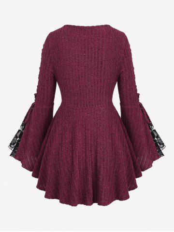 Plus Size Lace-up Tied Cinched Floral Lace Flare Sleeve Keyhole Neck Textured T-shirt