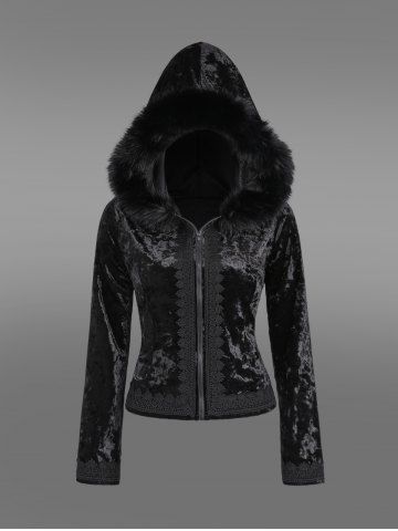 Manteau à Capuche Zippé Gothique Applique à Manches Longues en Velours - BLACK - M | US 10